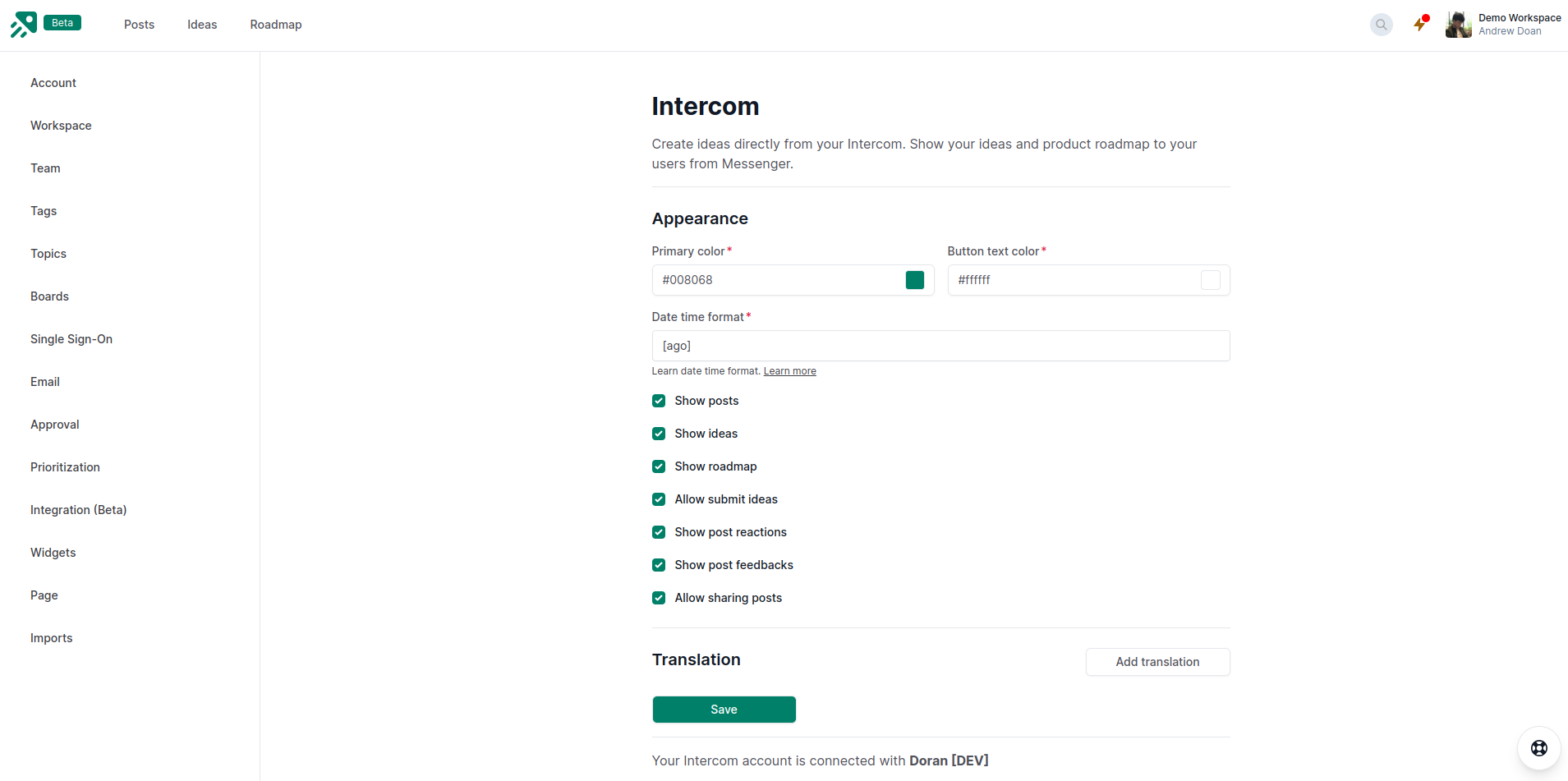 Doran settings for Intercom